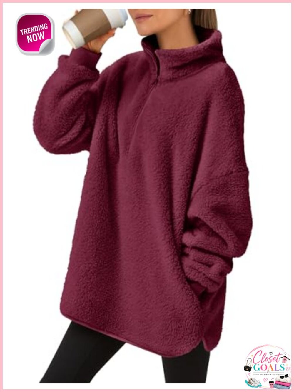 Fuzzy Sherpa Fleece Quarter Zip Pullover Sweatshirt Oversized Women